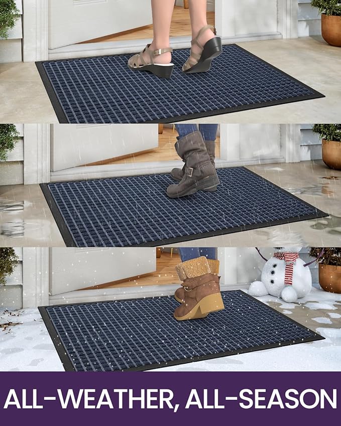 DEXI Front Door Mat Outside Entrance, Rubber Entry Doormat Heavy Duty, Welcome Mats Non Slip for Inside House Floor Entryway Back Doors Exterior Patio, 17x29 Squares Blue