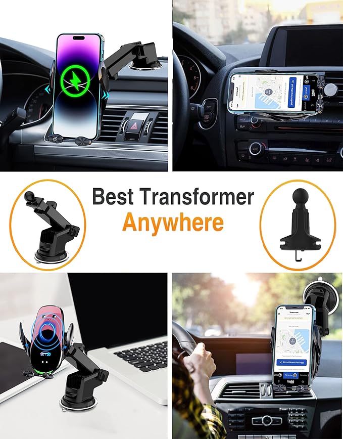 Wireless Car Charger Mount, Fast Charging Auto Clamping 15W Intelligent Dual Control Induction Car Phone Holder Mount Wireless Charging Compatible with All iPhone Android Smartphone