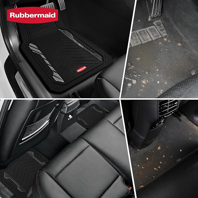 Rubbermaid Car Floor Mat, Heavy Duty All-Weather Car Mats Full Set with Dual-Tone Black Aluminum Inserts – Universal Fit, Anti-Slip Backing, Trim-to-Fit for Most SUV, Sedan, Van