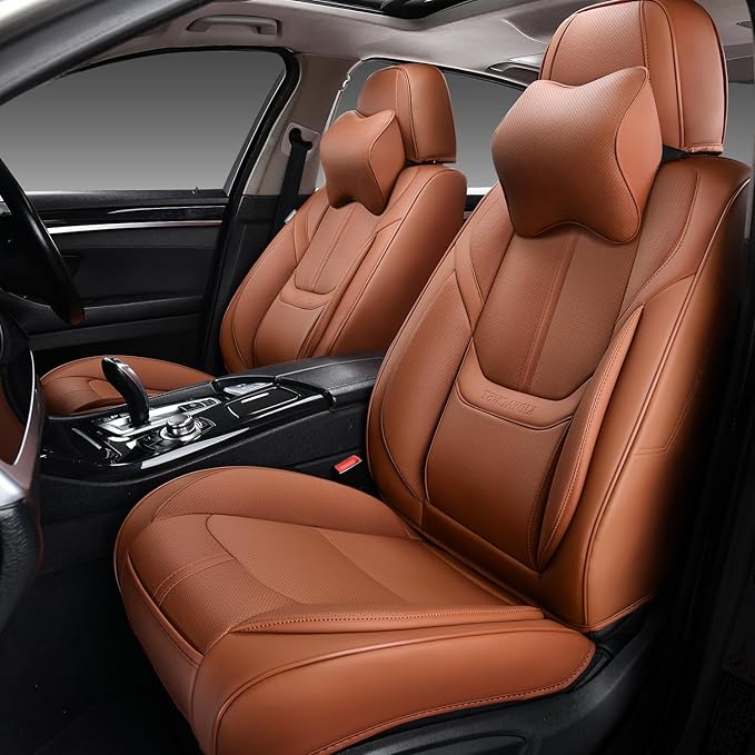 Auto Car Seat Covers Accessories Front Seat Leather Cushion Protector Breathable Waterproof Seat Cover for Cars Universal Fit 7 Colors (Brown, Front Pair)