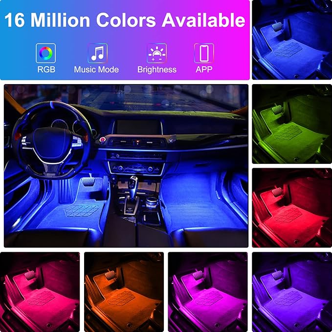 Car Interior LED Lights, APP Control with Car Charger, RGB Color Change with Music Sync & DIY Mode, 12V 2 Lines Design for Under Dash Running Board Truck