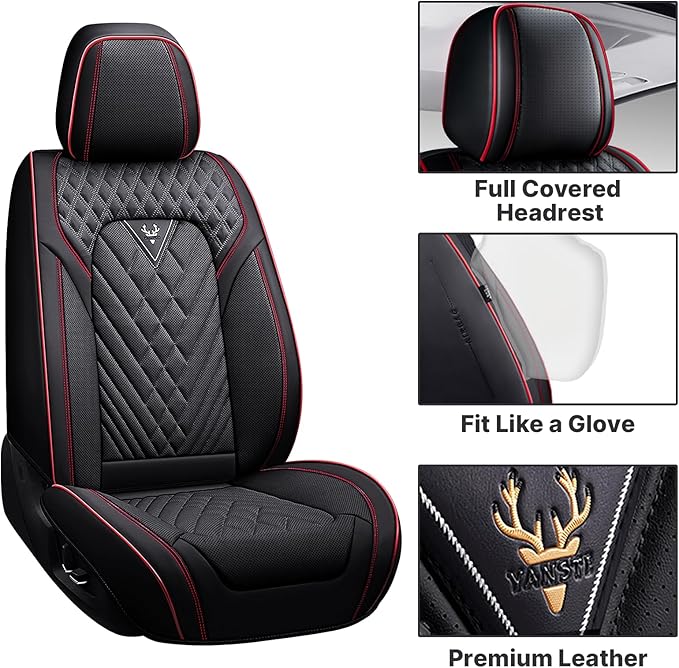 Universal Leather Auto Seat Cover - 5 Seat, Front and Rear, Black & Red