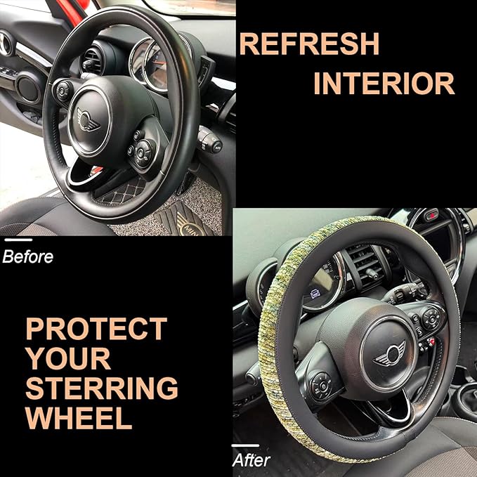 PINCTROT Chenille Leather Steering Wheel Cover, Soft Mottled Colors, Sweat-Proof, Non-Slip Grip, All-Season Comfort, Universal 14.5-15 Inch(Mottled Green)