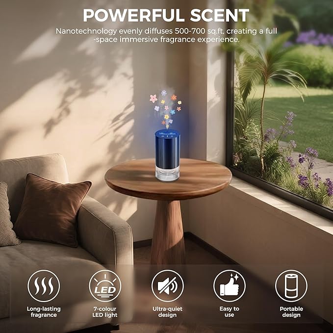 Waterless Essential Oil Diffuser with 100ml of Pure Essential Oil, Mini Scent Air Diffuser with 7 Color Lights, 100ml Large Capacity CarDiffuser, 3 Timers & 3Mist Levelsfor Home, Car, Office