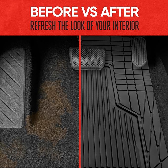 Motor Trend AdventureMax Car Floor Mats Full Set - Durable Rubber Floor Mats for Cars with Debris Capture Grooves, All Weather Interior Protection for Front and Rear with Non-Slip Backing, Black