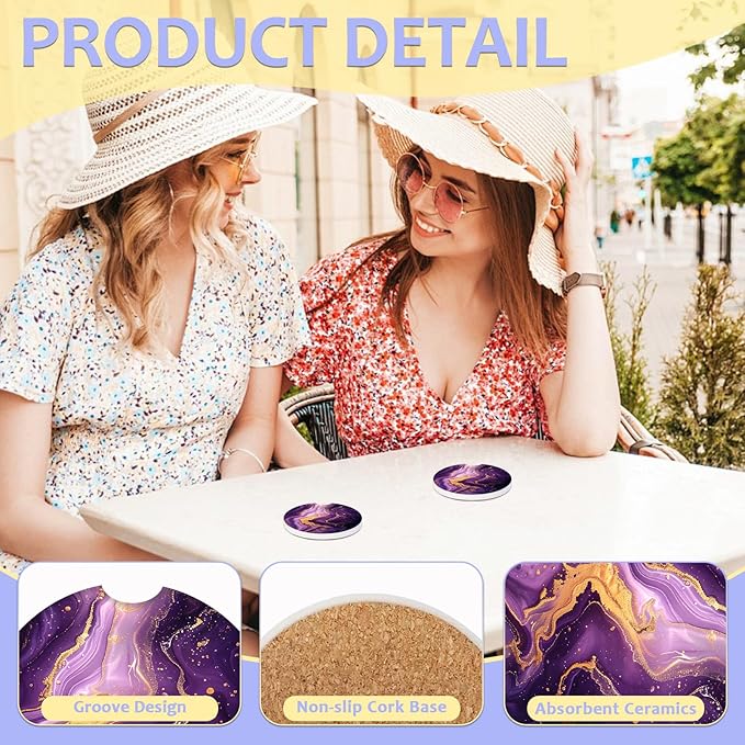 2 Pack Car Cup Holder Coaster-Purple Marble Absorbent Ceramic Coaster, Car Coasters for Cup Holders,Auto Accessories for Women & Men