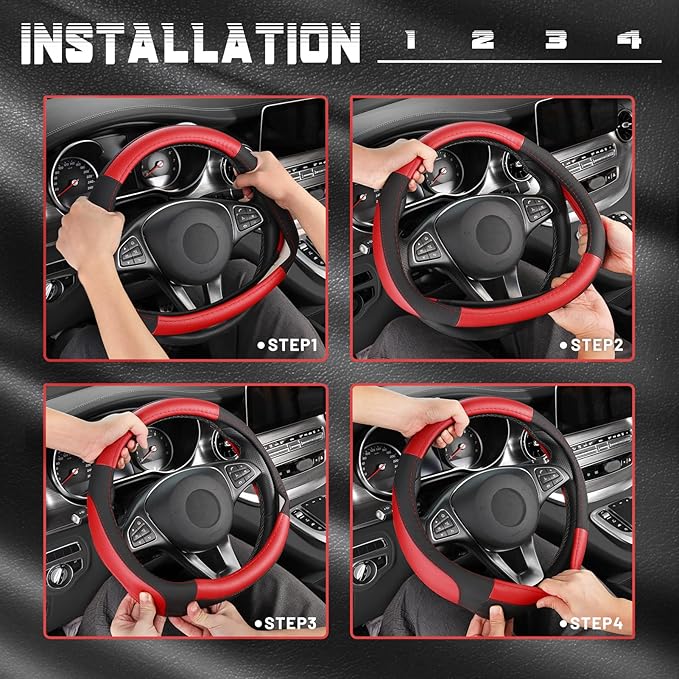 SEG Direct Car Steering Wheel Cover for Prius Civic Model 3 Model Y Camaro, Small Size 14-14.25 inch, Black and Red Microfiber Leather