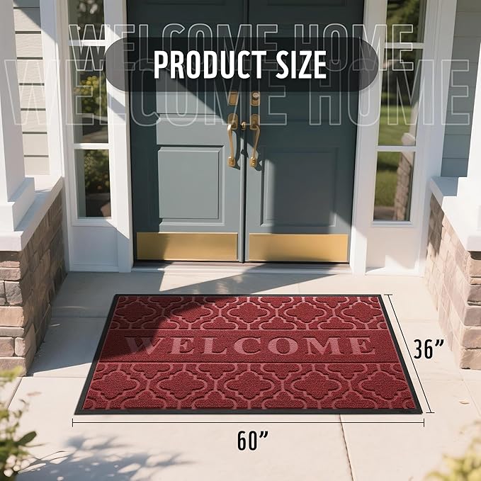 Yimobra Welcome Mat Outdoor Indoor, All-Season Waterproof Front Door Mat Outside Entrance, All-Weather Heavy Duty Non-Slip Doormat, Low Profile Porch Patio Entrance Mats, 60x36, Red