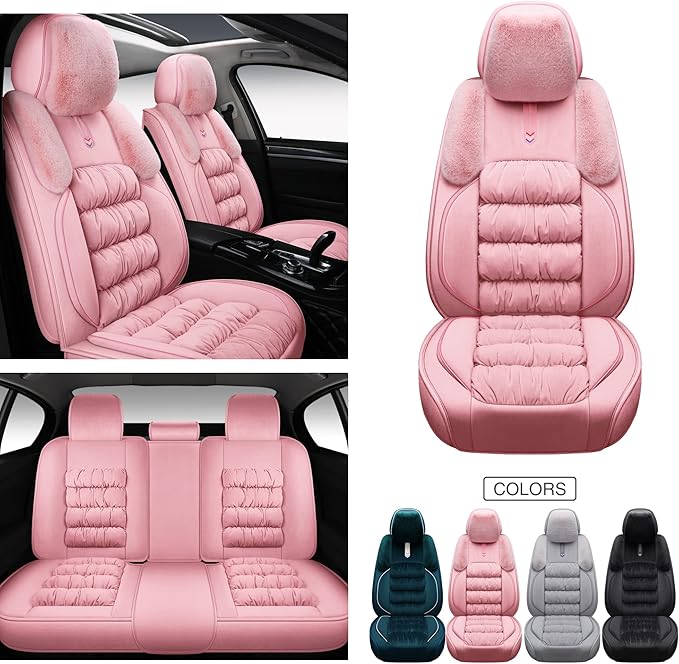 AOOG Fuzzy Leather Car Seat Covers, Heated Front Bench Back Cushion Protector for Cars SUV Trucks (Front seat, Pink)