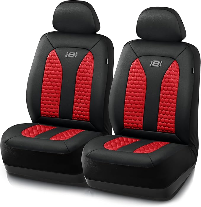 Skechers Memory Foam™ Car Seat Covers, Hexcomb Breathable Thick Seat Covers Two Front Seat Covers, Airbag Compatible, Automotive Comfort & Protection for Most Cars,Van,Trucks, SUVs (Red)