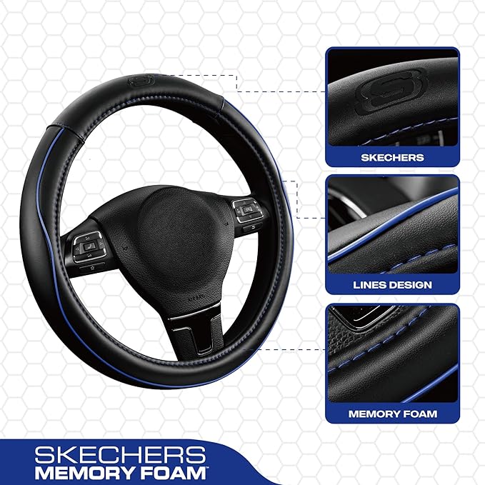Skechers Memory Foam Steering Wheel Cover,Piping Microfiber Leather Steering Wheel Cover Sporty Universal Fit 14" 1/2-15" Car Wheel Protector for Men Women Fit Suvs,Vans,Sedans,Car,Trucks,Blue
