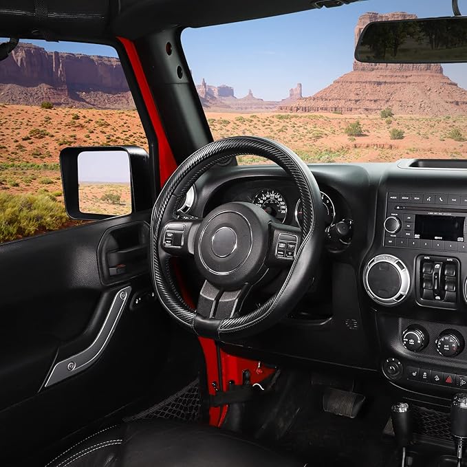 SEG Direct Car Steering Wheel Cover Large-Size for F150 F250 F350 Ram 4Runner Tacoma Tundra Range Rover with 15 1/2"-16" Outer Diameter Leather with Carbon Fiber Pattern Black