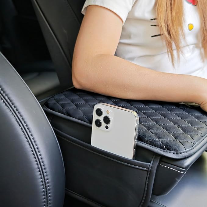 Upgraded Car Center Console Cover, Microfiber Leather Car Armrest Cover Cushion with 2 Storage Bags, Universal Car Armrest Storage Box Cover, Car Interior Accessories for Most Vehicles, Black