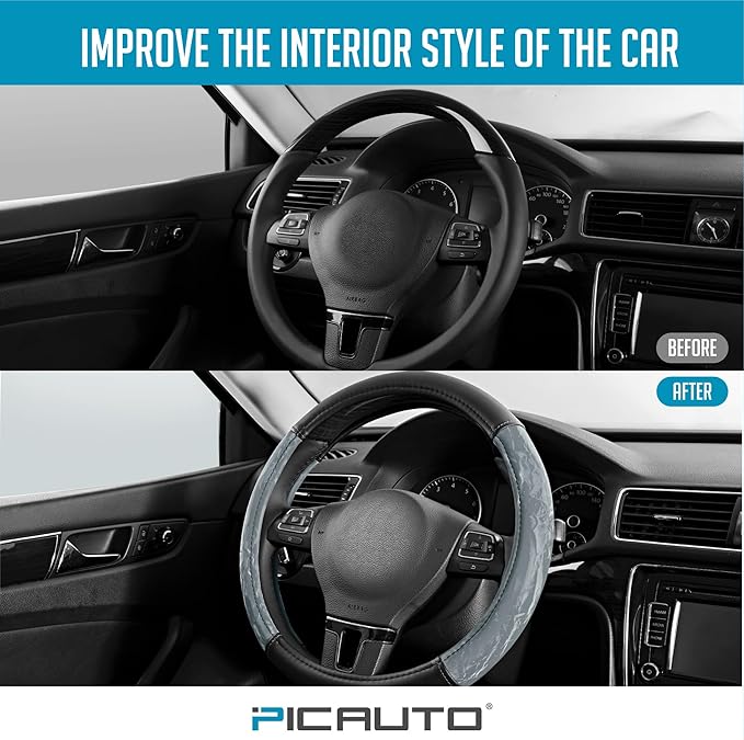 PIC AUTO Steering Wheel Cover, Silk Grain Leather Car Steering Wheel Protector, Comfortable Grip, Universal 14.5-15.5 Inch Anti-Slip Steering Wheels Accessories for Men & Women (Gray)