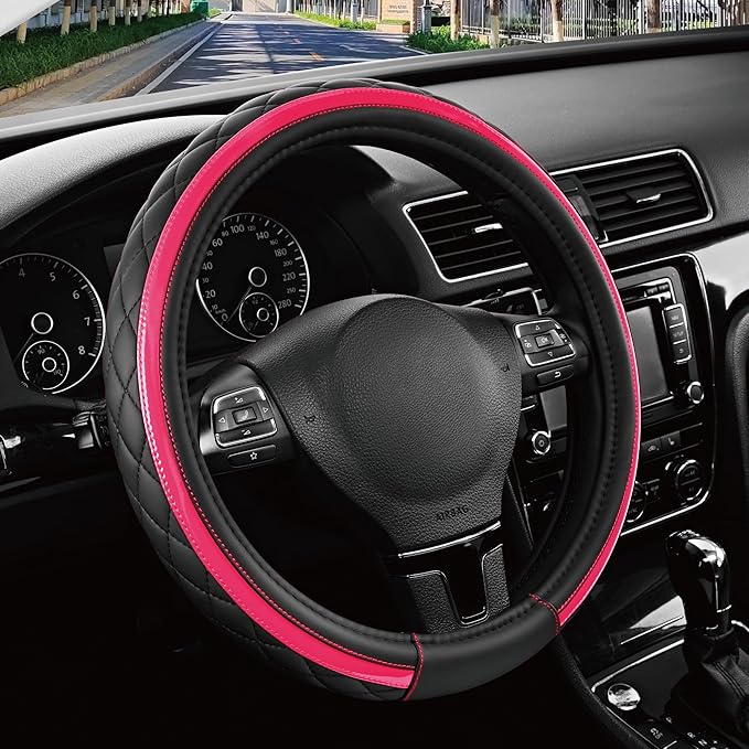 Road Comforts Leather Steering Wheel Cover – Black & Hot Pink, Universal Fit 14.5-15 Inch, Microfiber Leather, Anti-Slip & Breathable Design for Men and Women