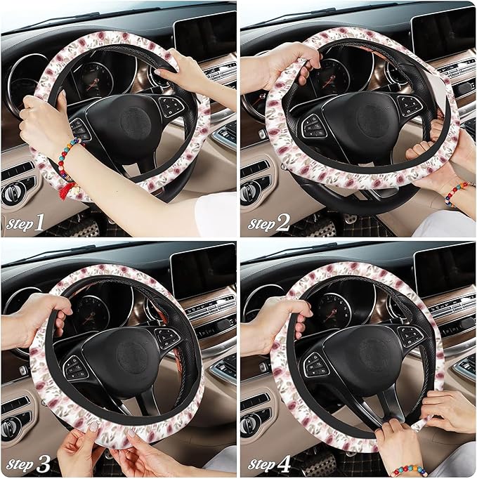 Watercolor Pink Flowers and Burgundy Roses Car Steering Wheel Cover for Women Men with 2 Pcs Car Coasters,Universal 15Inch Steering Wheel Covers Anti-Slip and Practical Auto Accessories Fit Auto,Suvs