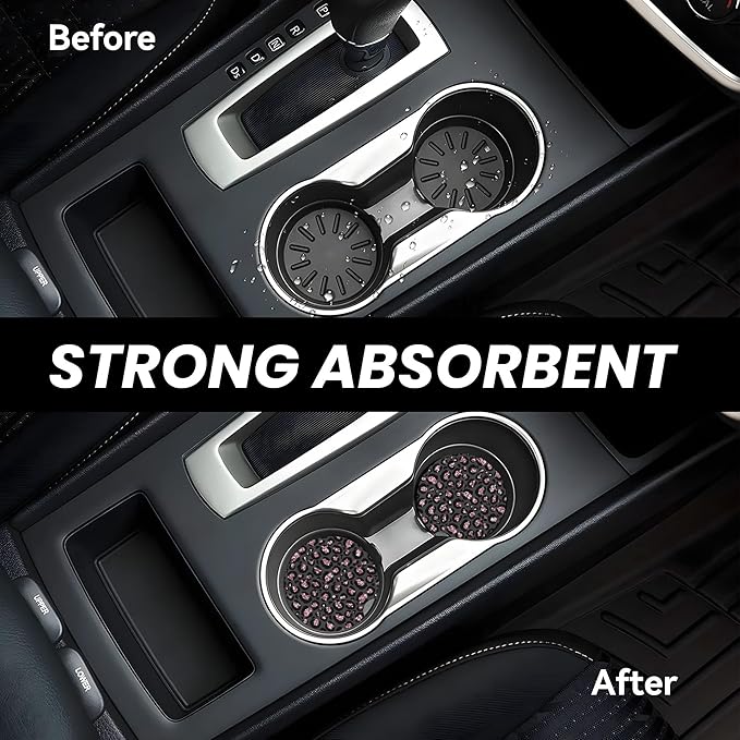 Absorbent Car Coasters for Cup Holders, 2 Pack Universal Anti Slip Ceramic Cup Coaster for Women Men 2.56 Inch Car Interior Accessories - Black Pink Leopard 005