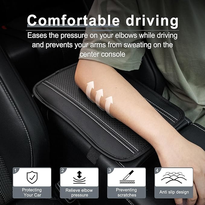 Amiss Car Center Console Pad, Universal Waterproof Car Armrest Seat Box Cover, PU Leather Auto Armrest Cover Protector，Vehicle Interior Accessories fits SUV/Truck/Car (Black-Silvery)