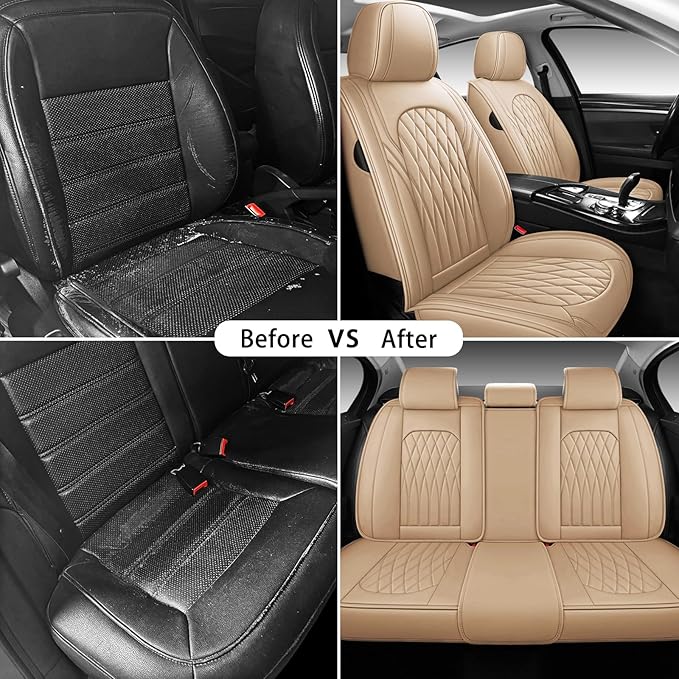 WELLDO Car Seat Covers Full Set, Leather Seat Covers for Cars, Car Seat Protector Waterproof, Non-Slip Car Interior Covers Full Set Universal Automotive Seat Covers for Most Cars SUVs, Beige