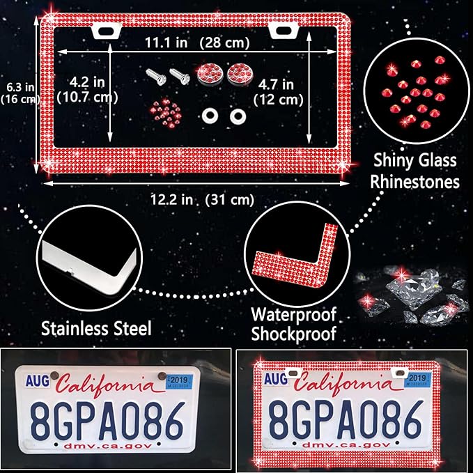 NBTEPEM 27 PCs Red Bling Car Accessories Set for Women, Steering Wheel Covers Universal Fit 15 Inch, Bling License Plate Frame, Bling Phone Holder, Bling Car Coasters (Red Diamond)