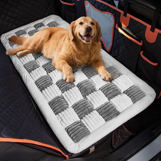Soulbond Backseat Pet Bed Mat,Dog Bed for Car,Fuzzy Dog Seat Cover for Car Back Seat, Non-Slip Travel Pet Mat, Fit for Backseat Extenders and Seat Covers(Gray and White)
