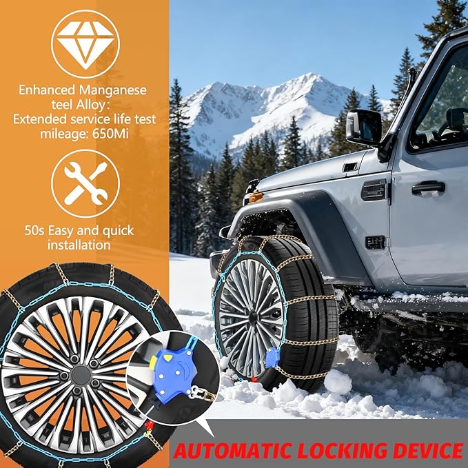 DEDC Auto Lock Snow Tire Chains,50s Quick Easy,Enhanced Manganese Steel Alloy,Endurance Life 650 Mi,Icy Snowy Road Tire Traction for Car and SUV 225 235 245 255 275 Set of 2 (LS1520)