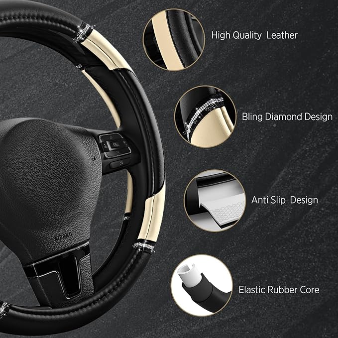 Road Comforts Leather Steering Wheel Cover - Made with PVC Leather - Anti-Slip, Universal Fit 14 1/2 inches to 15 inches - Milky White