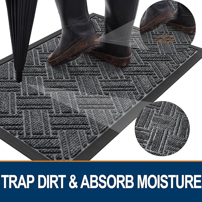 OLANLY Indoor Outdoor Mat, Sturdy Natural Rubber Floor Mat, Non Slip Low Profile Waterproof Doormat, and Stain Front Door Mats, Easy Clean Patio Entrance Mat, 36''x24'', Grey