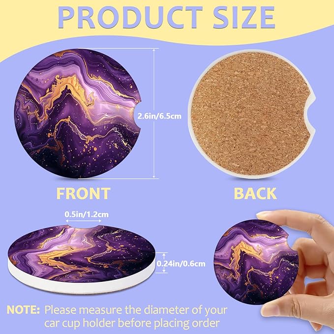 2 Pack Car Cup Holder Coaster-Purple Marble Absorbent Ceramic Coaster, Car Coasters for Cup Holders,Auto Accessories for Women & Men