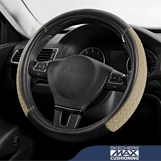Skechers Steering Wheel Cover,Max Cushioning Leather Steering Wheel Cover Universal Fit 14" 1/2-15" Car Wheel Protector for Men Women Fit Suvs,Vans,Sedans,Car,Trucks,Beige