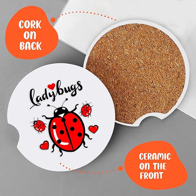2 Pack Ladybugs Car Cup Holder Coaster, Cute Car Interior Accessories Drink Coaster for Women & Men, Ladybugs Lovers Themed Gifts Stuff Accessories Things Merchandise Items!