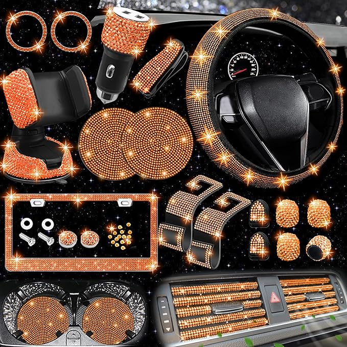 NBTEPEM 27 PCs Orange Bling Car Accessories Set for Women, Steering Wheel Covers Universal Fit 15 Inch, Bling License Plate Frame, Bling Phone Holder, Bling Car Coasters (Orange Diamond)
