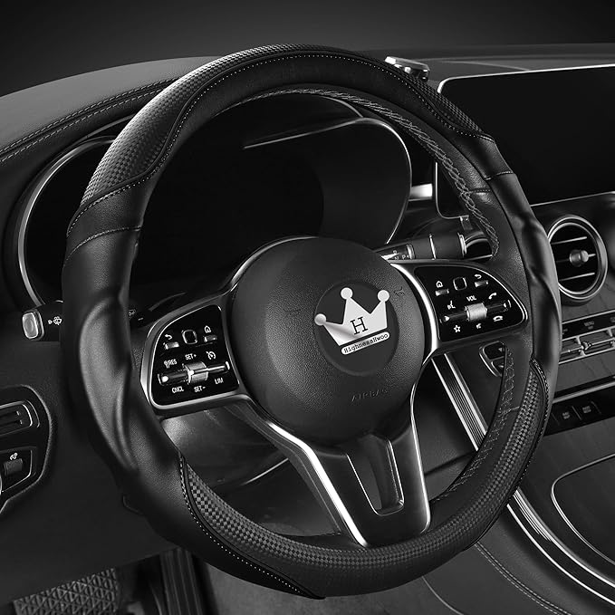 3D Car Steering Wheel Cover Comfort Grip Massage Sporty Anti-Slip Carbon Fiber Faux Leather for Sedan SUV, Universal Fit, Car Handle Covers for All Seasons, 14.75-15.15in, Black