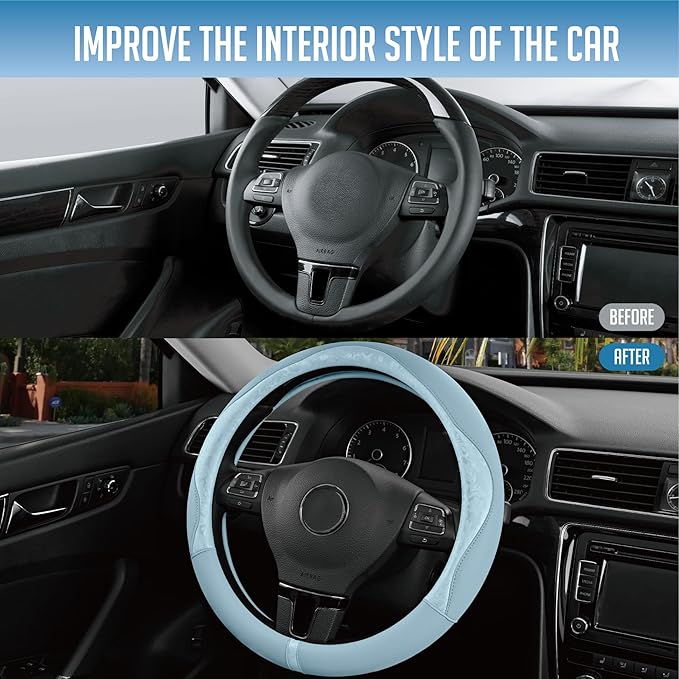 PIC AUTO Steering Wheel Cover, Light Blue Patterned Leather Patchwork Design, Universal Fit 14.5"–15.5", Anti-Slip, Odor-Free, Soft PU Grain Leather, Durable Grip Car Accessory for Girls & Women