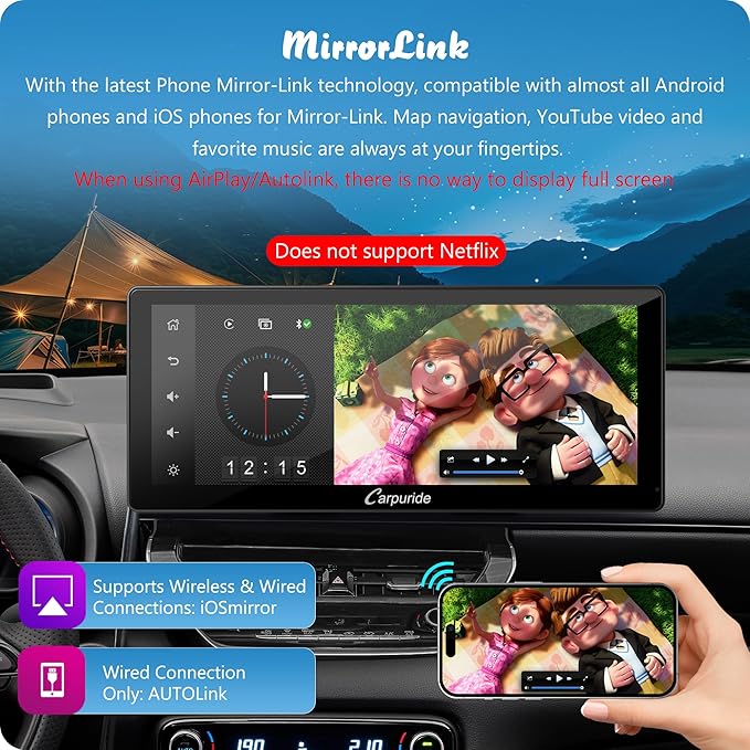 Carpuride W103 Pro with Wireless Bluetooth Transmission Portable Carplay & Android Auto Car Stereo, 10.3 inch 1080P Touch Screen, Mirror Link/GPS/Siri/FM, with 3 Bracket