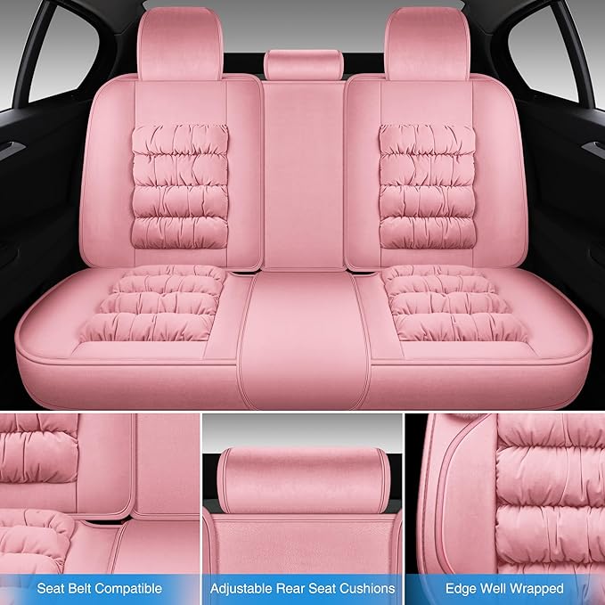 AOOG Fuzzy Leather Car Seat Covers, Heated Front Bench Back Cushion Protector for Cars SUV Trucks (Front seat, Pink)