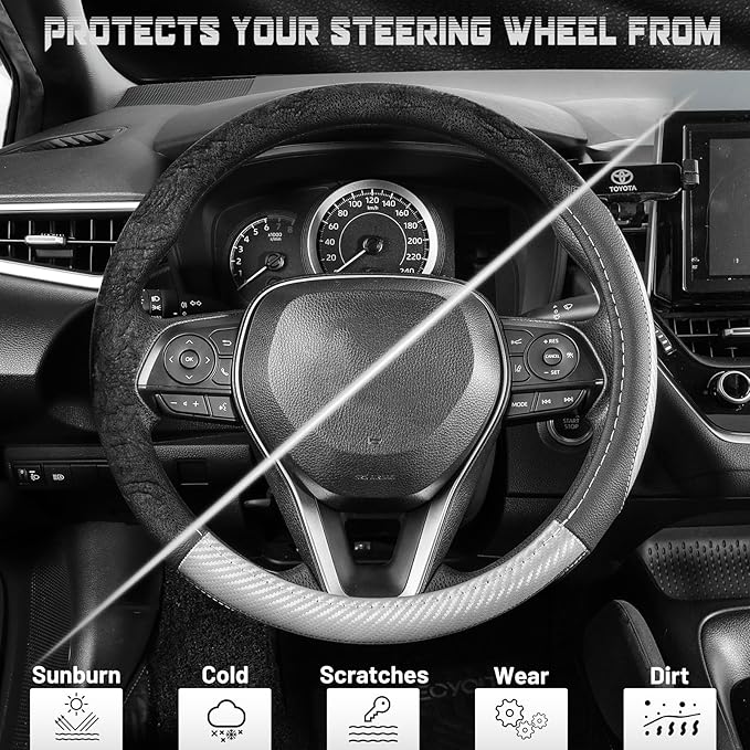 SEG Direct Car Steering Wheel Cover for Prius Civic Model 3 Model Y Camaro, Small Size 14-14.25 inch, Auto Interior Accessories, Black with Sliver Carbon Fiber Pattern