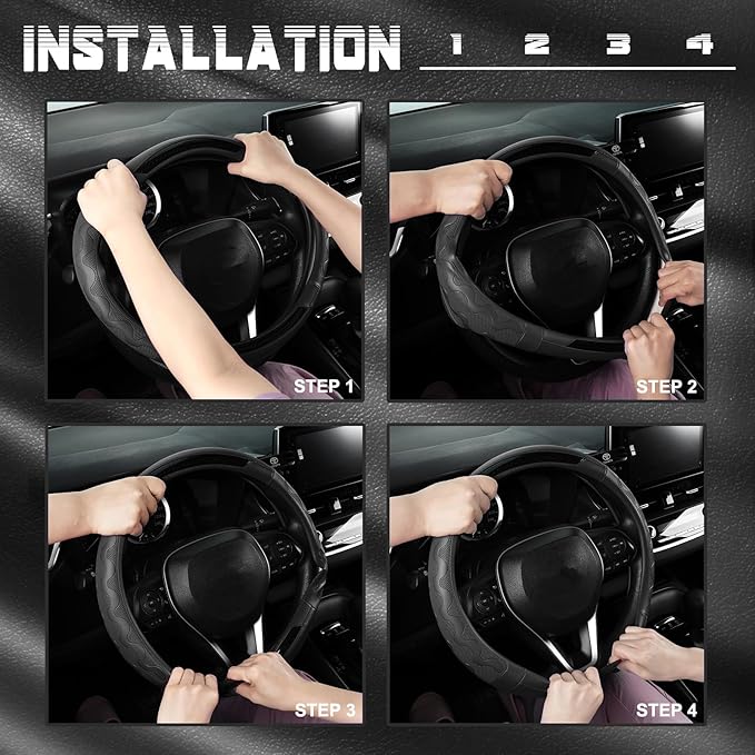 SEG Direct Car Steering Wheel Cover Large Size for F150 F250 F350 Ram 4Runner Tacoma Tundra Range Rover 15 1/2"-16" Embossed Microfiber Leather with Carbon Fiber Pattern Black