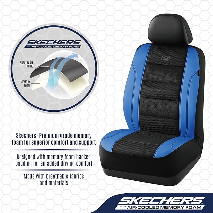 Skechers Aircooled & Memory Foam Car Seat Covers,Premium Leather with EVA Mesh Seat Covers, Front car seat Protector, Airbag Compatible, Automotive Comfort for Most Cars, Vans, Trucks, SUV,Blue