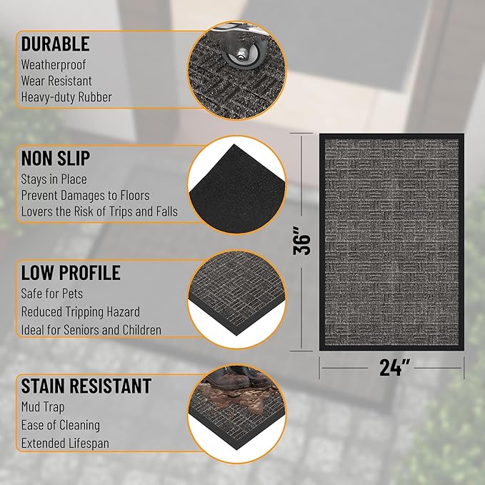Ottomanson Heavy Duty Rubber Floor Mat – Non-Slip, Waterproof, Easy to Clean – Utility Rug for Entryway, Kitchen, Garage, or Patio – Stain Resistant, Hose Washable – 24" x 36", Charcoal