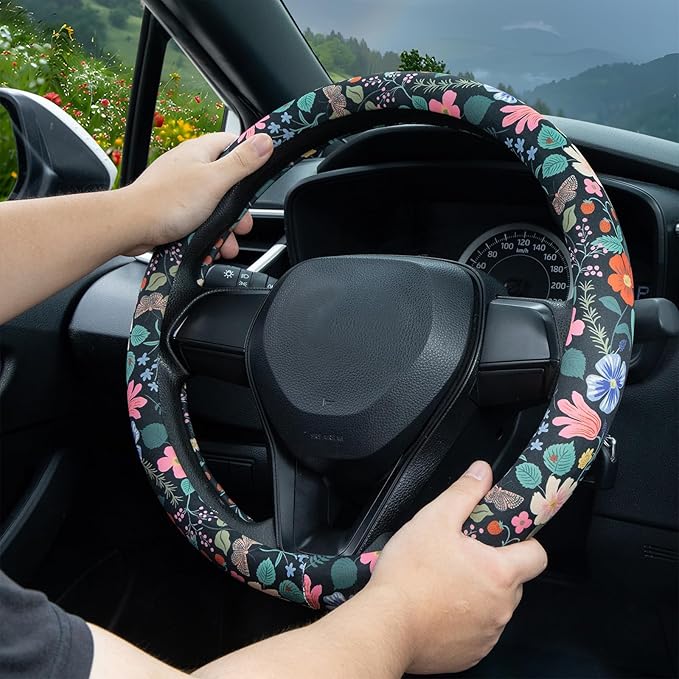 Flowers and Strawberries Steering Wheel Cover Auto Steering Wheel Protector, Anti-Slip, Breathable, Absorbing Sweat, Universal Car Accessories 14.5–15 inch,Fit for Most Car, Trucks, SUV