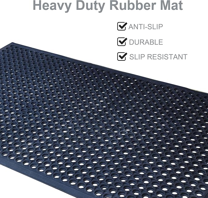 OrangeStar 2 Pack Rubber Floor Mat, 36"x60" Anti-Fatigue Door Mat w/Holes for Restaurant, Kitchen, Bar, Indoor/Outdoor, Black