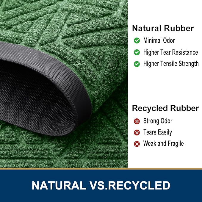 Smiry Front Door Mat Outside Entrance, Heavy Duty Sturdy Natural Rubber Doormat, Trap Dirt and Moisture, Easy Clean Low Profile Mats for Indoor Outdoor Entry, Grid Geometric (29.5x17, Green)