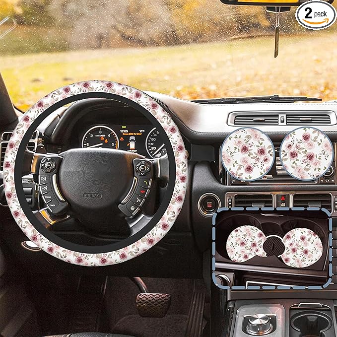 Watercolor Pink Flowers and Burgundy Roses Car Steering Wheel Cover for Women Men with 2 Pcs Car Coasters,Universal 15Inch Steering Wheel Covers Anti-Slip and Practical Auto Accessories Fit Auto,Suvs