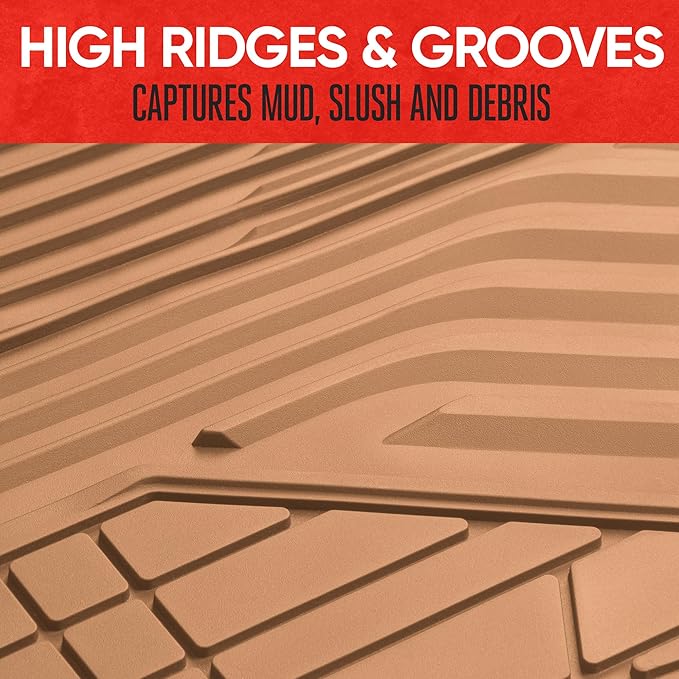 Motor Trend AdventureMax Car Floor Mats Full Set - Durable Rubber Floor Mats for Cars with Debris Capture Grooves, All Weather Interior Protection for Front and Rear with Non-Slip Backing, Beige