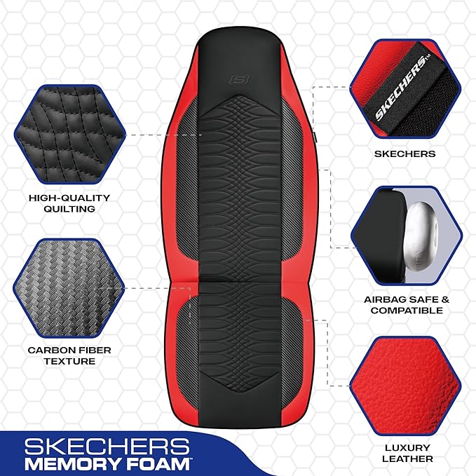 Skechers Memory Foam Car Seat Covers, Leather High Back Seat Covers Quilting Design,Waterproof Sports Car Seat Covers Front Seats,Airbag Compatible, Universal Fit for Most Cars, SUVs,Trucks,Red