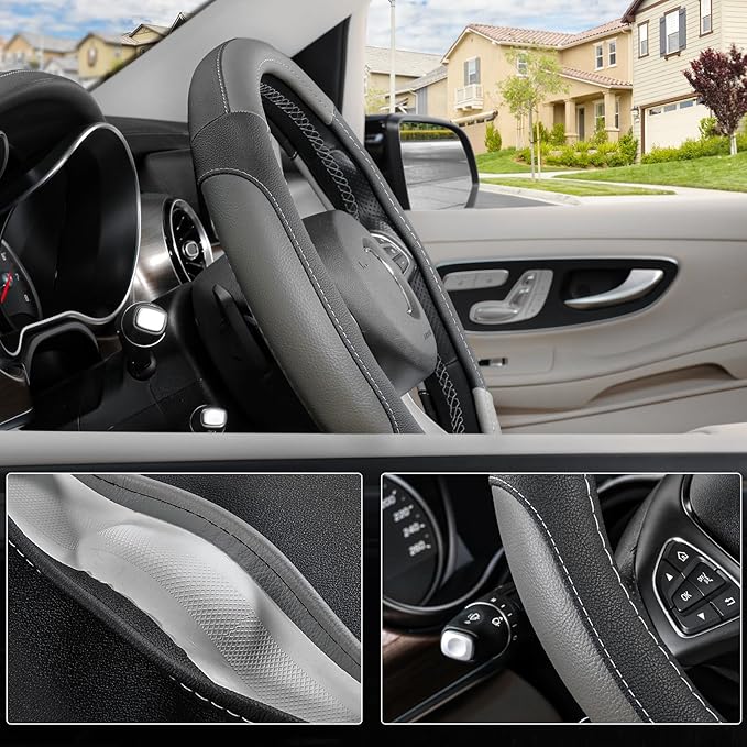 SEG Direct Black and Gray Microfiber Auto Car Steering Wheel Cover Universal 15 inch