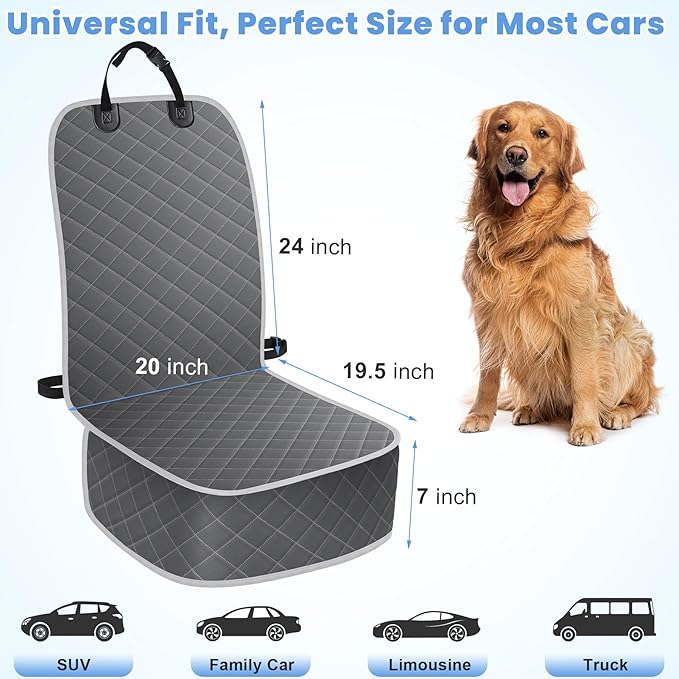 Dog Car Seat Covers, Waterproof Front Seat Cover for Dogs, Scratch-Proof, Nonslip Pet Passenger Seat Cover Protector, Universal Fit for Cars Trucks SUVs, Standard Size, Grey