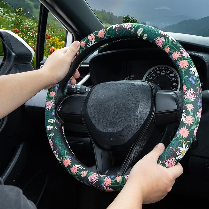 Flower, Floral, Daisies Steering Wheel Cover Auto Steering Wheel Protector, Anti-Slip, Breathable, Absorbing Sweat, Universal Car Accessories 14.5–15 inch,Fit for Most Car, Trucks, SUV