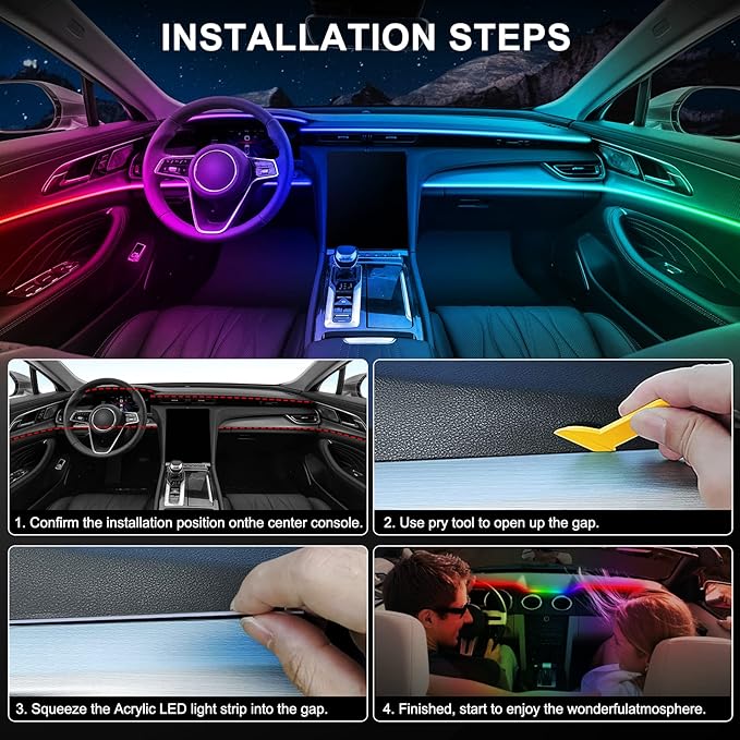 Dreamcolor Acrylic Interior Car LED Strip Light with Wireless APP, RGB 6 in 1 with 175 inches 612 LEDs Fiber Optic Car Ambient Lighting Kits, Dynamic Chasing Music Sync Neon LED Strip Lights for Car